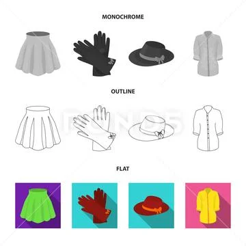 Skirt with folds, leather gloves, women hat with a bow, shirt on the fastener Stock Illustration