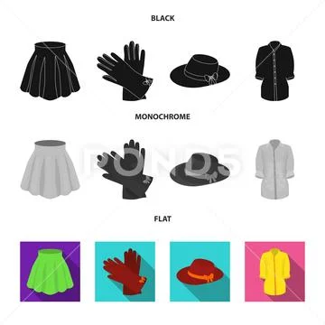 Skirt with folds, leather gloves, women hat with a bow, shirt on the fastener Stock Illustration