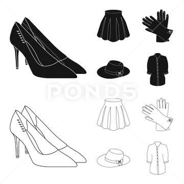 Skirt with folds, leather gloves, women hat with a bow, shirt on the fastener Stock Illustration