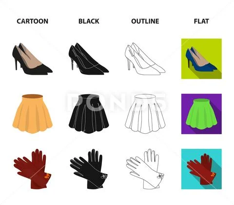 Skirt with folds, leather gloves, women hat with a bow, shirt on the fastener Stock Illustration