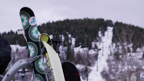 Skis On Rack In Front Of Mountain Focus Stock Footage 100545430