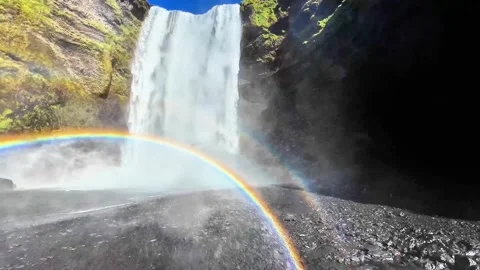 Skógafoss Waterfall and Rainbow as Camera Slowly Pulls Back Stock Footage 342267137