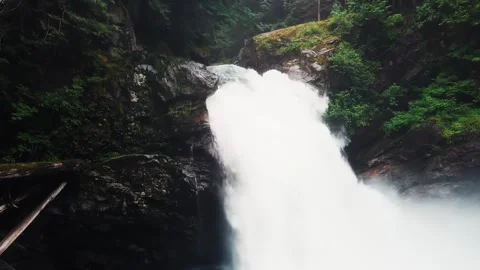 Skogafoss Waterfall Cascading Through Moss Covered Rocks and Dense Forest in Stock Footage 345224068