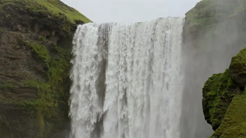 Skogafoss Waterfall Close Up with Mossy Cliffs Iceland Stock Footage 322099841
