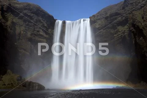 Skogafoss Waterfall With Double Rainbow, South Iceland, Iceland, Polar Region