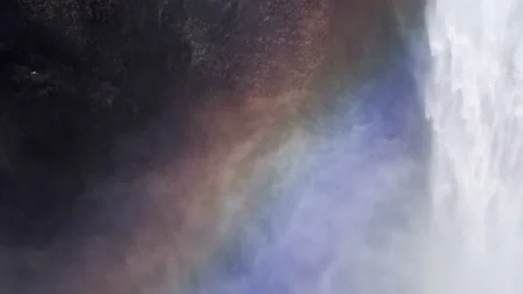 Skógafoss Waterfall forms a rainbow. Close-up view Natural Wonder. Vidéo 108465704