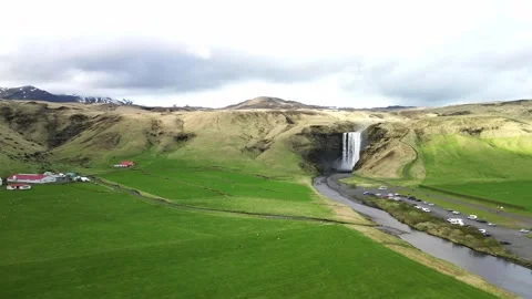 Skogafoss waterfall river and valley drone panorama Iceland 4K Stock Footage 343869231