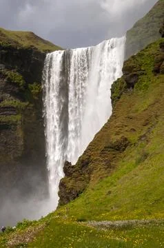 Skogafoss waterfall surrounded by moss and grasses on cliff Stock Photos