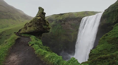 Skógafoss waterfall: top side view / slow motion / Iceland 動画素材 34438320