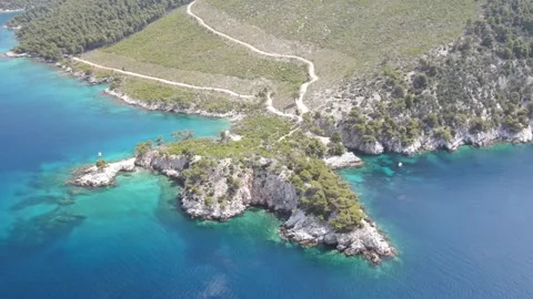 Skopelos Amarantos Cape Drone Pull Away Wide Stock Footage 336914826