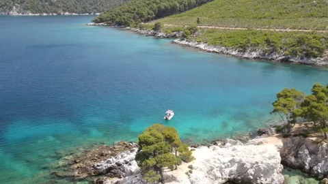 Skopelos Amarantos Pine Trees Drone Forward Low Fly Stock Footage 336914812