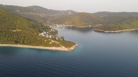 Skopelos Panormos Bay Drone Forward From Dasia Island Stock Footage 336914525