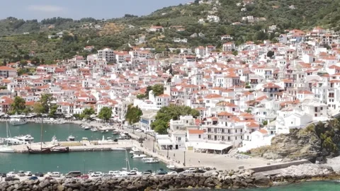 Skopelos Town Chora Drone Forward Port Video stock 336915037