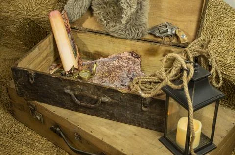 Skull and adventure objects for exploration. Stock Photos