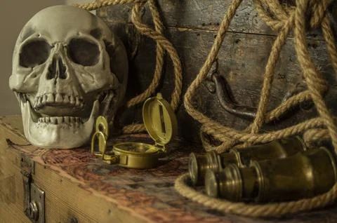 Skull and adventure objects for exploration. Stock Photos