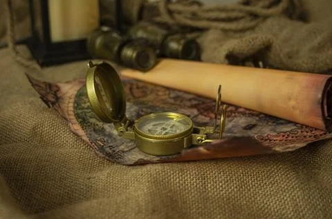 Skull and adventure objects for exploration. Stock Photos