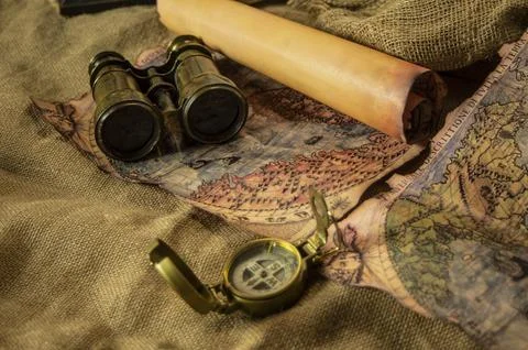 Skull and adventure objects for exploration. Stock Photos