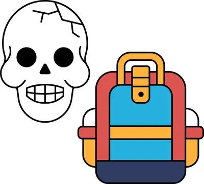 A skull and a backpack are drawn in black and white Illustrazione stock