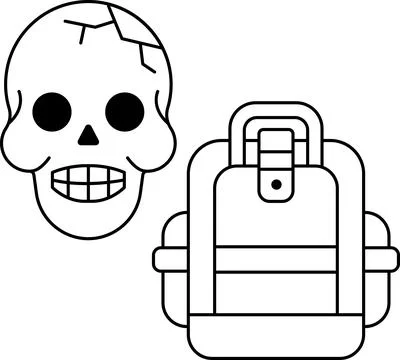 A skull and a backpack are drawn in black and white Illustrazione stock