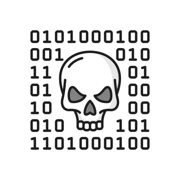 Skull and binary system, cyber attack line icon Stock Illustration