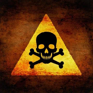 Skull and bones icon, yellow and black on brown. Death threat sign, grunge te Stock Illustration