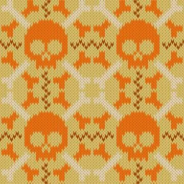 Skull and Bones. Knitted seamless woolen pattern in beige shades Stock Illustration