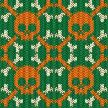 Skull and Bones. Knitted seamless woolen pattern in green shades Stock Illustration