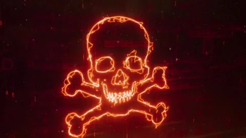 Skull and Bones Logo on Abstract Network Technology Background Digital Holog Stock Footage 343342895