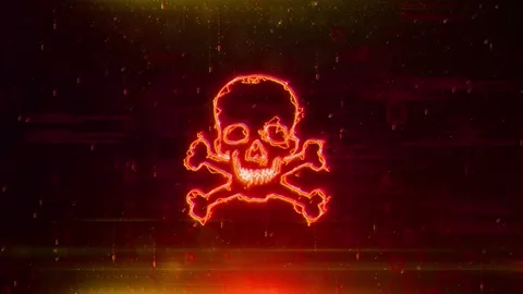 Skull and Bones Logo on Abstract Network Technology Background Digital Holog Stock Footage 343342901