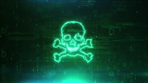 Skull and Bones Logo on Abstract Network Technology Background Digital Holog Stock Footage 343343212