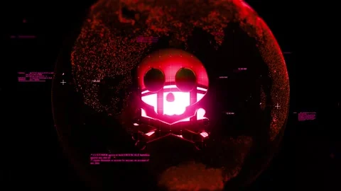 Skull and bones Logo Technologic Earth surrounded by a Network of Graphics E Stock Footage 343343288
