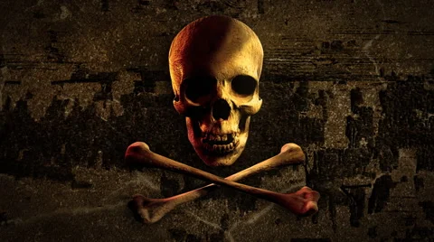 Skull and bones on old wood background. Pirate flag symbol. Stock Footage 44560169