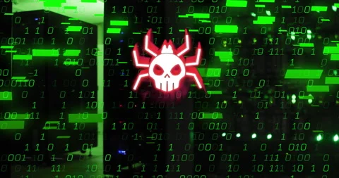 Skull and bug icon with binary code, cybersecurity threat animation over server Stock Footage 304767452