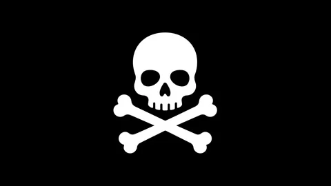 Skull and crossbones animated pulsing pirate flag death symbol in 4k black .. Stockbeeldmateriaal 342540087