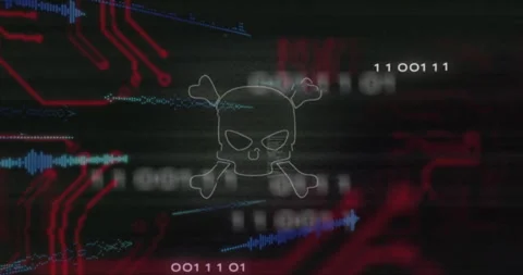 Skull and crossbones animation over digital circuit and binary code background Stock Footage 304020544