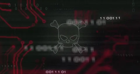 Skull and crossbones animation over digital binary code and circuit board Stock Footage 305292526