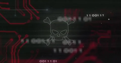 Skull and crossbones animation over red circuit board and binary code Stock Footage 305526776