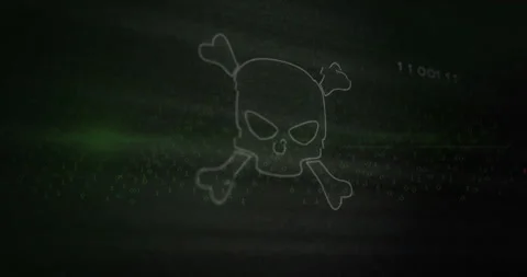 Skull and crossbones animation over binary code and green digital background Stock Footage 308901142
