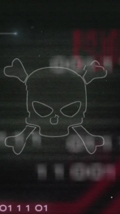 Skull and crossbones animation over red circuit board and binary code Stock Footage 319055544