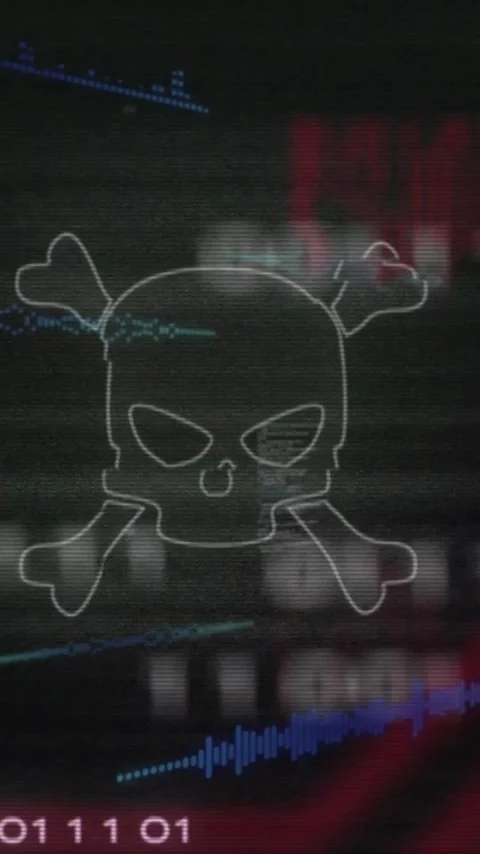 Skull and crossbones animation over digital circuit and binary code background Stock Footage 319416077