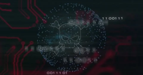 Skull and crossbones with binary code and circuit patterns in digital animation Stock Footage 304764197