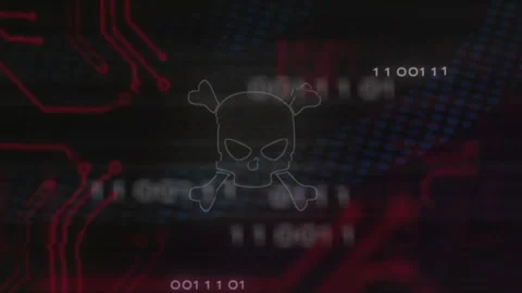 Skull and crossbones with binary code and circuit board animation Stock Footage 304927122