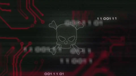 Skull and crossbones with binary code and circuit board animation Stock Footage 305133550
