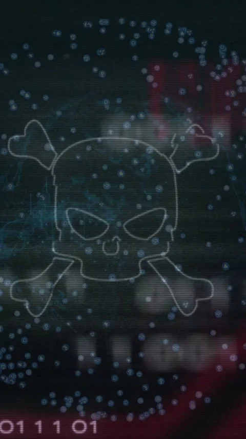 Skull and crossbones with binary code and circuit patterns in digital animation Stock Footage 319617272