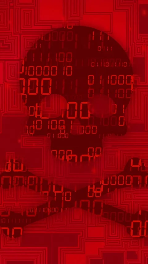 Skull and crossbones with binary code over red digital circuit background Stock Footage 323780736