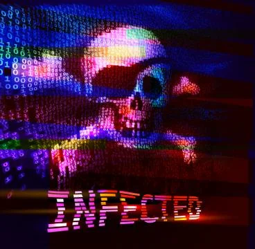 Skull and crossbones on binary code with message of infection Stock Illustration