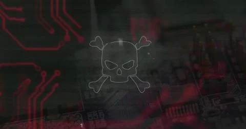 Skull and crossbones with binary code image over electronic circuit board 写真素材