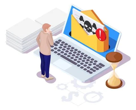Skull and crossbones in envelope on laptop screen, vector isometric illustration Stockillustratie