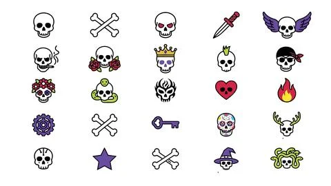 Skull and crossbones icons with gothic and punk elements for edgy designs Stockillustratie