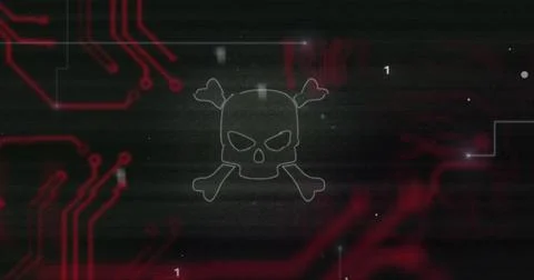 Skull and crossbones image over red circuit board and binary code Illustrazione stock